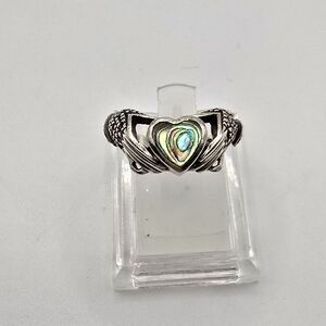 Vintage Sterling Silver Abalone "Mermaid" Claddagh Ring Size 6.5